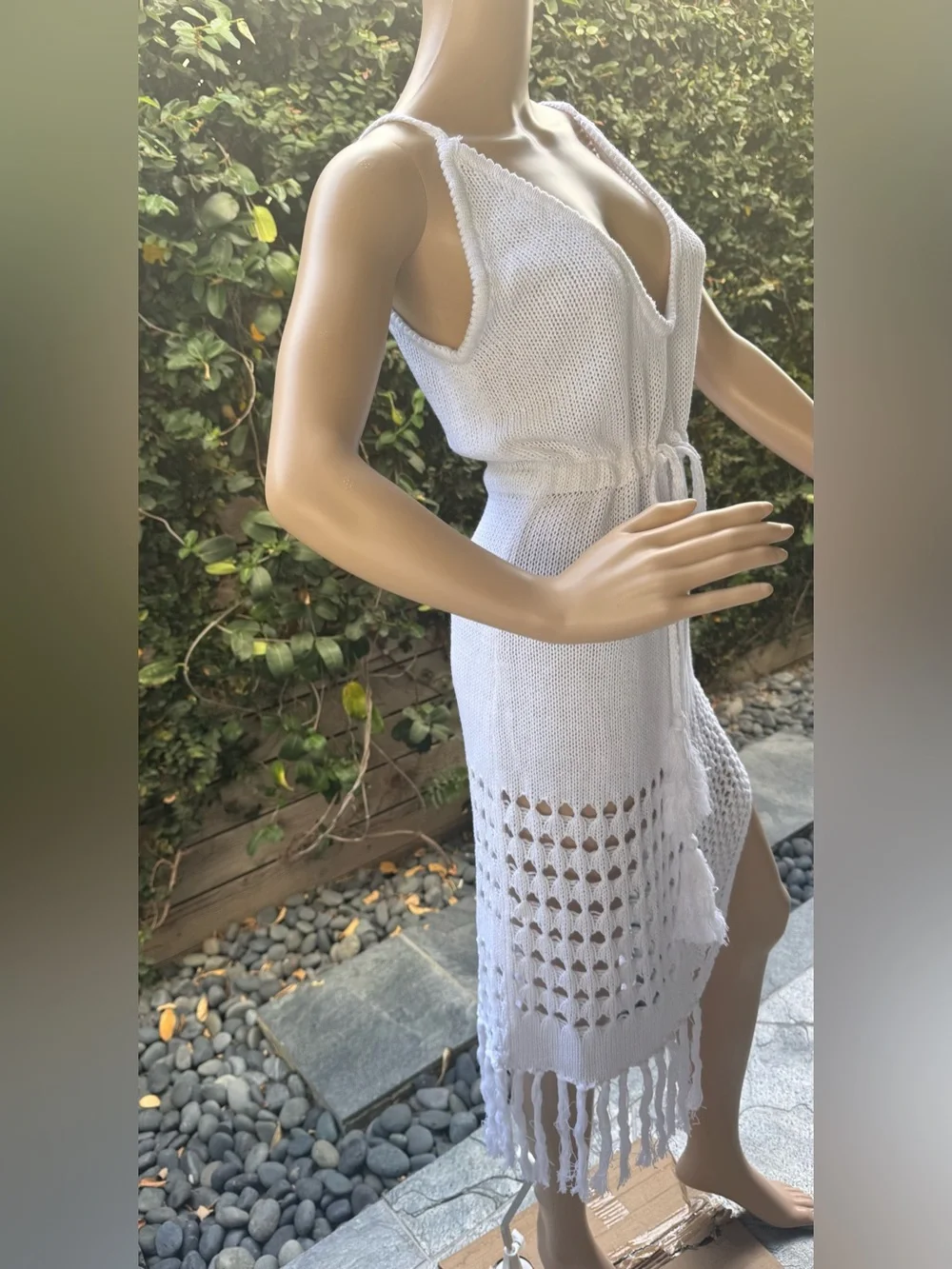 Mahina White Crochet Fringe Swim Coverup Dress